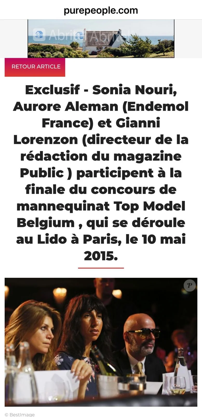 Article Purepeople — Sonia Nouri, Aurore Aleman (Endemol France) et Gianni Lorenzon à la finale Top Model Belgium au Lido, mai 2015
