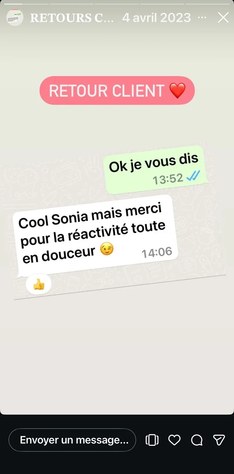 Retour client : Cool Sonia mais merci pour la réactivité toute en douceur.