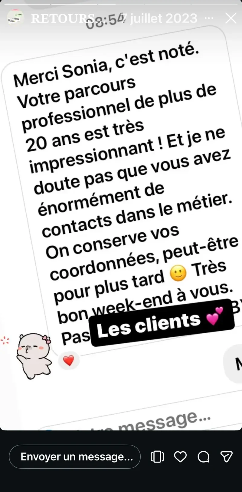 Retour client : Merci Sonia, c'est noté. Votre parcours professionnel de plus de 20 ans est très impressionnant.