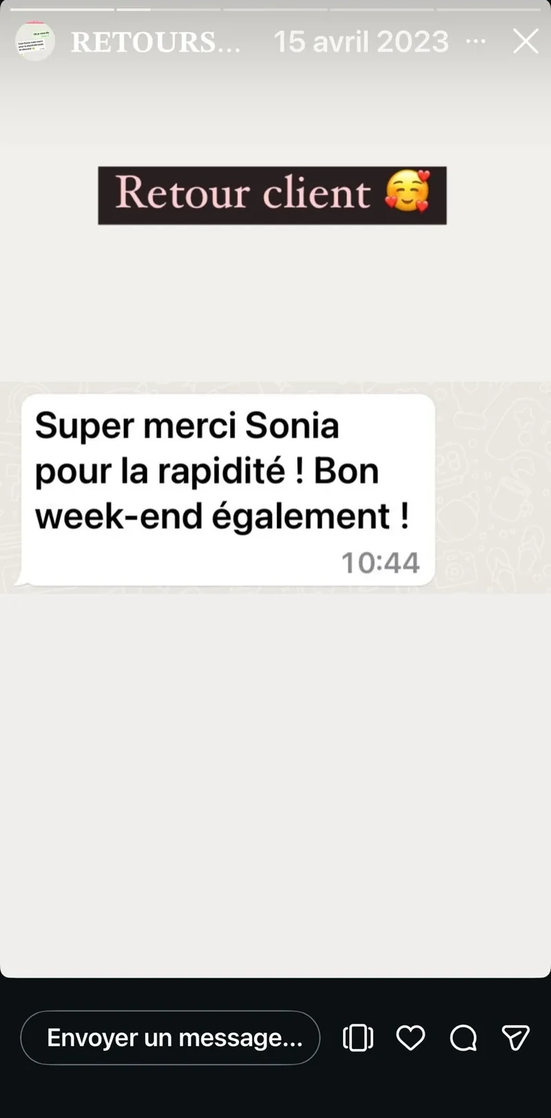 Retour client : Super merci Sonia pour la rapidité. Bon week-end également.